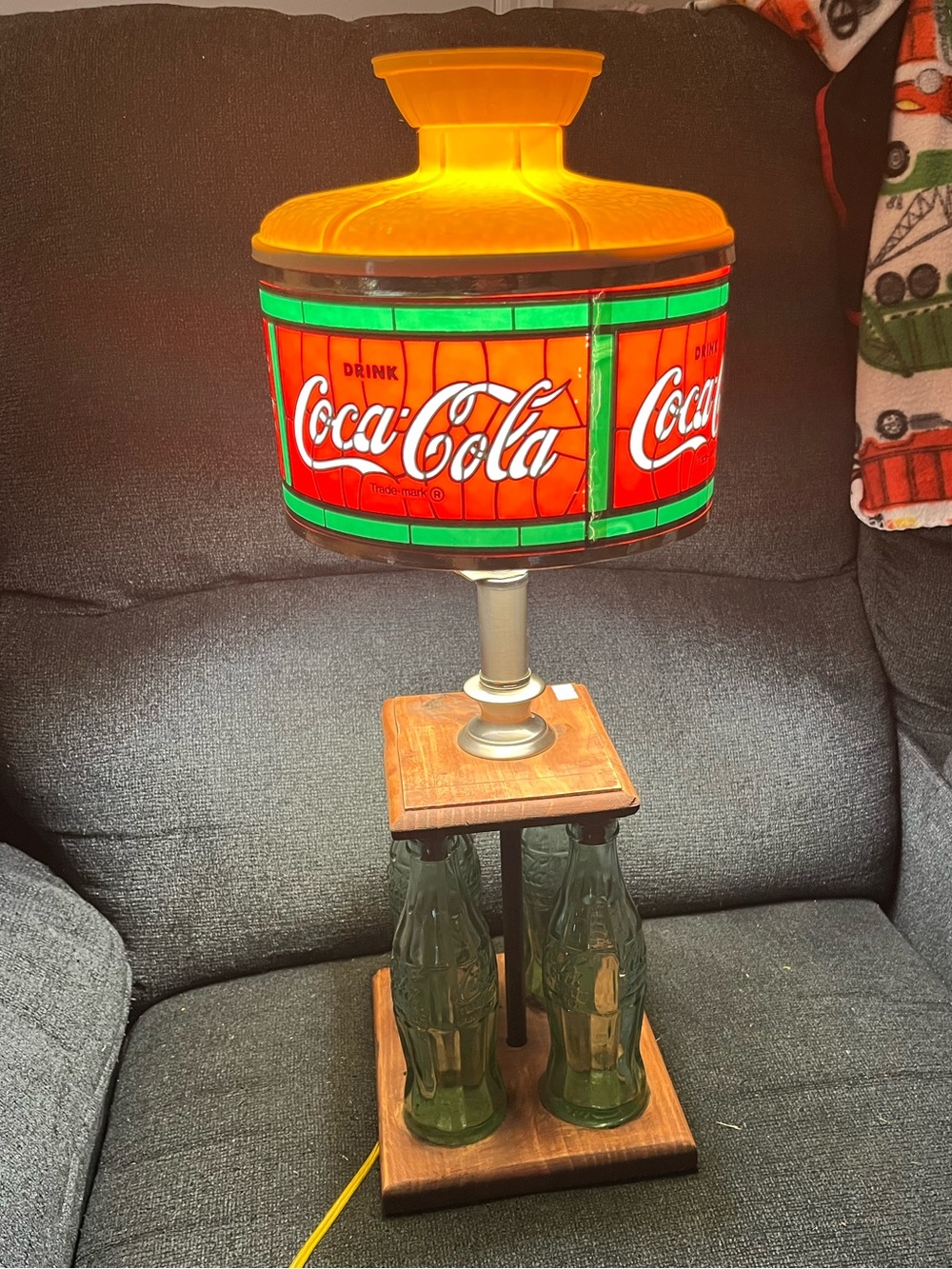 Coca-Cola Soda Theme Table Lamp Handmade Wood Base Green Bottle Accents